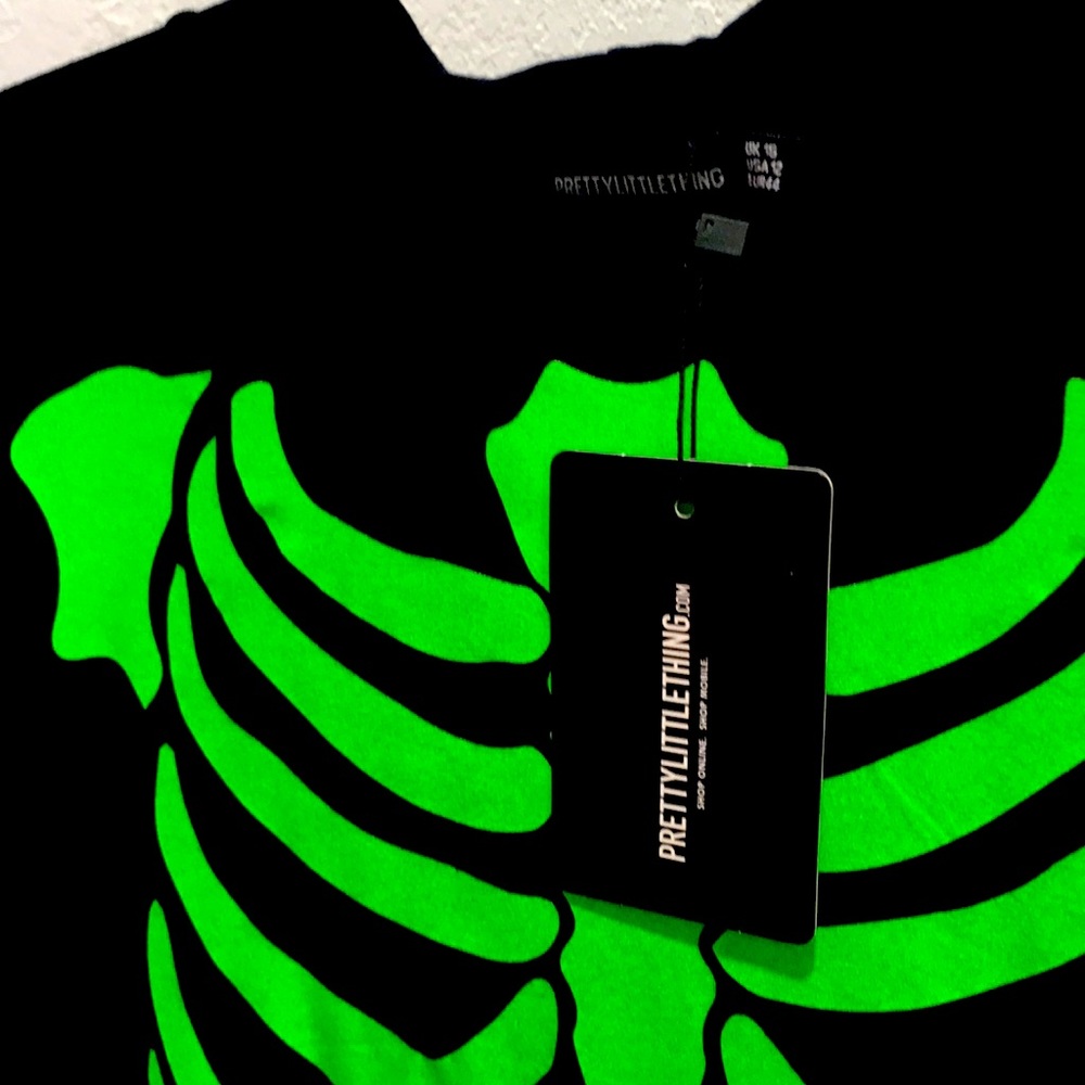 PrettyLittleThings Black Neon long sleeve halloween Skeleton dress 12 NWT